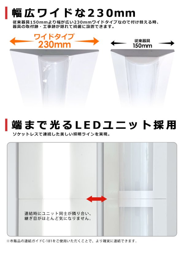 画像4: 【即納】【3年保証】 LEDベースライト 幅230mm ワイドタイプ 蛍光灯 40W型 2灯相当 32.5W 5200lm 逆富士型 器具一体型 直管タイプ 天井直付け 高輝度 演色性Ra84 昼白色(5000K)/昼光色(6000K) 照射角度180° 薄型 フリッカーフリー ノイズレス 同梱不可