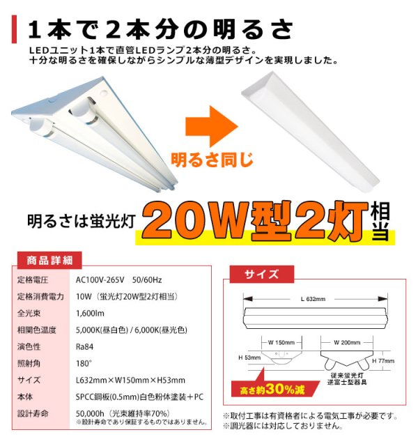 画像3: 【即納】【3年保証】 LEDベースライト 蛍光灯 20W型 2灯相当 10W 1600lm 逆富士型 器具一体型 直管タイプ 天井直付け 高輝度 演色性Ra84 昼白色(5000K)/昼光色(6000K) 照射角度180° 薄型 フリッカーフリー ノイズレス 同梱不可