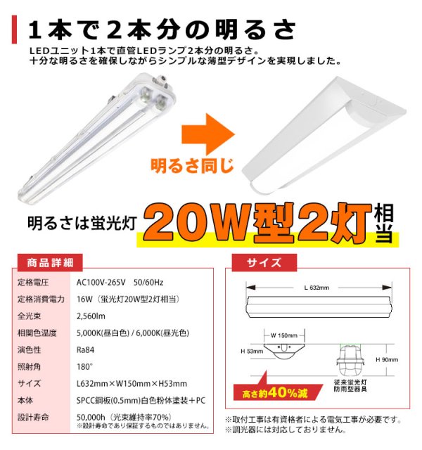 画像3: 【即納】【3年保証】 LEDベースライト 防水 防雨 防湿型 IP65 蛍光灯 20W型 2灯相当 16W 2560lm 逆富士型 器具一体型 直管タイプ 天井直付け 高輝度 演色性Ra84 昼白色(5000K)/昼光色(6000K) 照射角度180° 薄型 フリッカーフリー ノイズレス 同梱不可