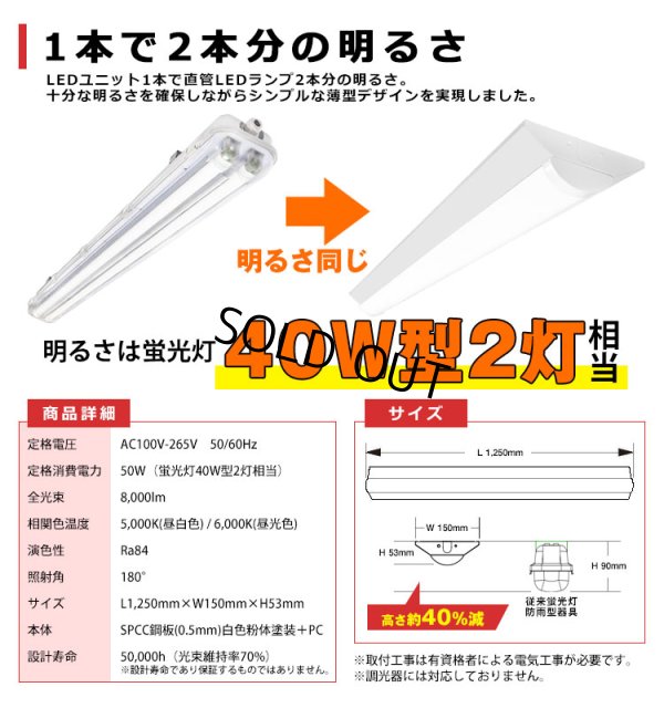 画像3: 【即納】【3年保証】 LEDベースライト 防水 防雨 防湿型 IP65 蛍光灯 40W型 2灯相当 50W 8000lm 逆富士型 器具一体型 直管タイプ 天井直付け 高輝度 演色性Ra84 昼白色(5000K)/昼光色(6000K) 照射角度180° 薄型 フリッカーフリー ノイズレス 同梱不可