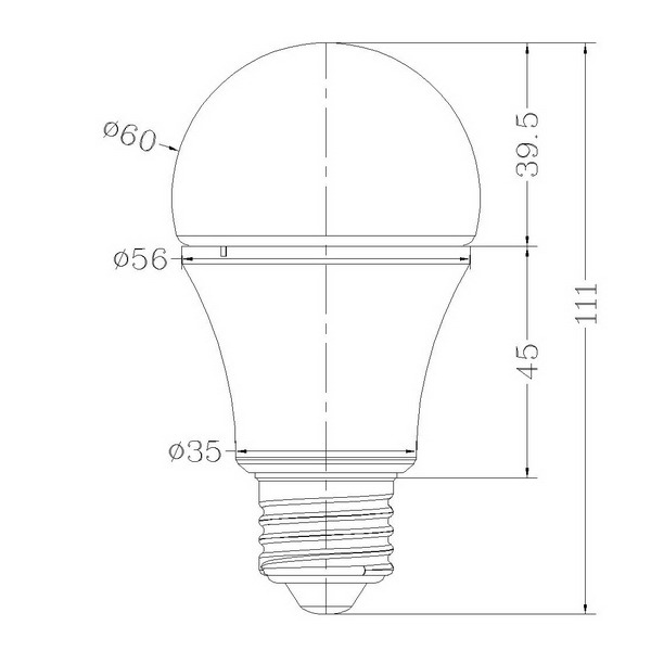 BeeLIGHTのLED電球「BD-0726-IP65-Clear-WW」の姿図。