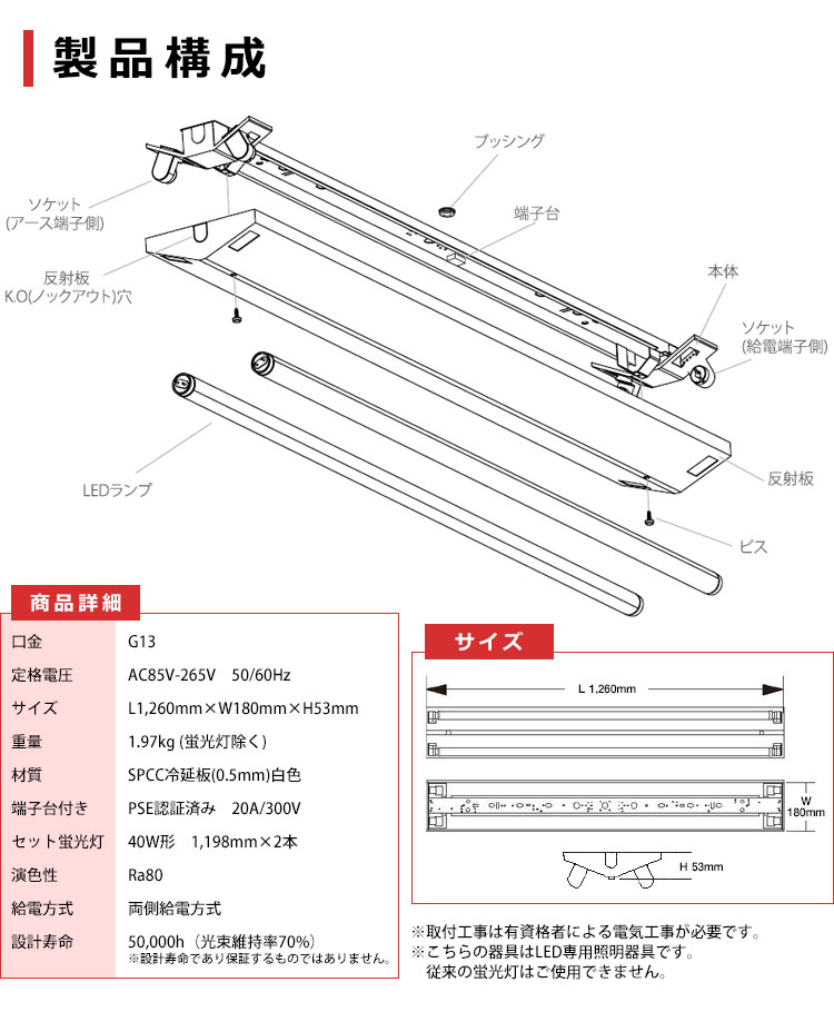 LED蛍光灯 Ra80タイプ「T8-F120-120SSS-18W×2本」とLED蛍光灯器具「OKT8A-02」セット