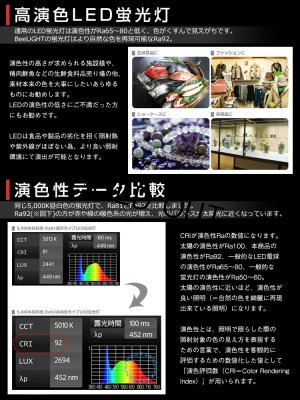 画像5: 【生産終了品 残り1本限り】【即納】LED蛍光灯 器具一体型 10W 20W型 【高演色 クラス2】 【演色A】  演色性Ra92    直管タイプ 590mm  フリッカーフリー ノイズなし 2835素子 昼白色(5000-5500K) 照射角度180° 2年保証 同梱不可【送料無料対象外商品】